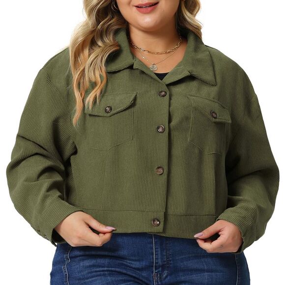 Plus Size Lightweight Cropped Button Down Corduroy Shacket Jackets Army Green - Picture 2 of 5